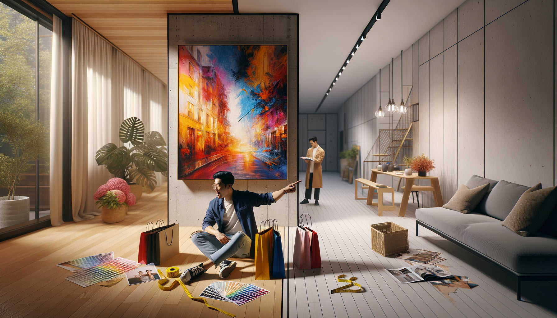 Comparaison visuelle entre achat impulsif de tableau et réflexion posée dans nouvel intérieur