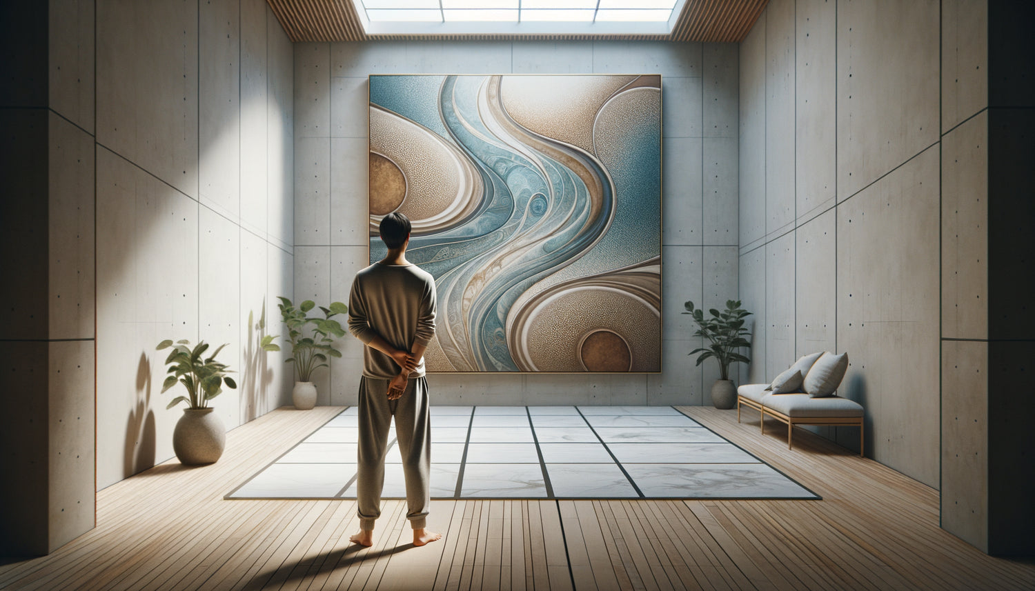 Personne contemplant intuitivement un tableau apaisant dans une galerie spécialisée bien-être, connexion émotionnelle authentique