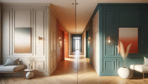 Comparaison visuelle entre couloir aux tons neutres apaisants et couloir avec mur coloré audacieux, design d'intérieur contemporain