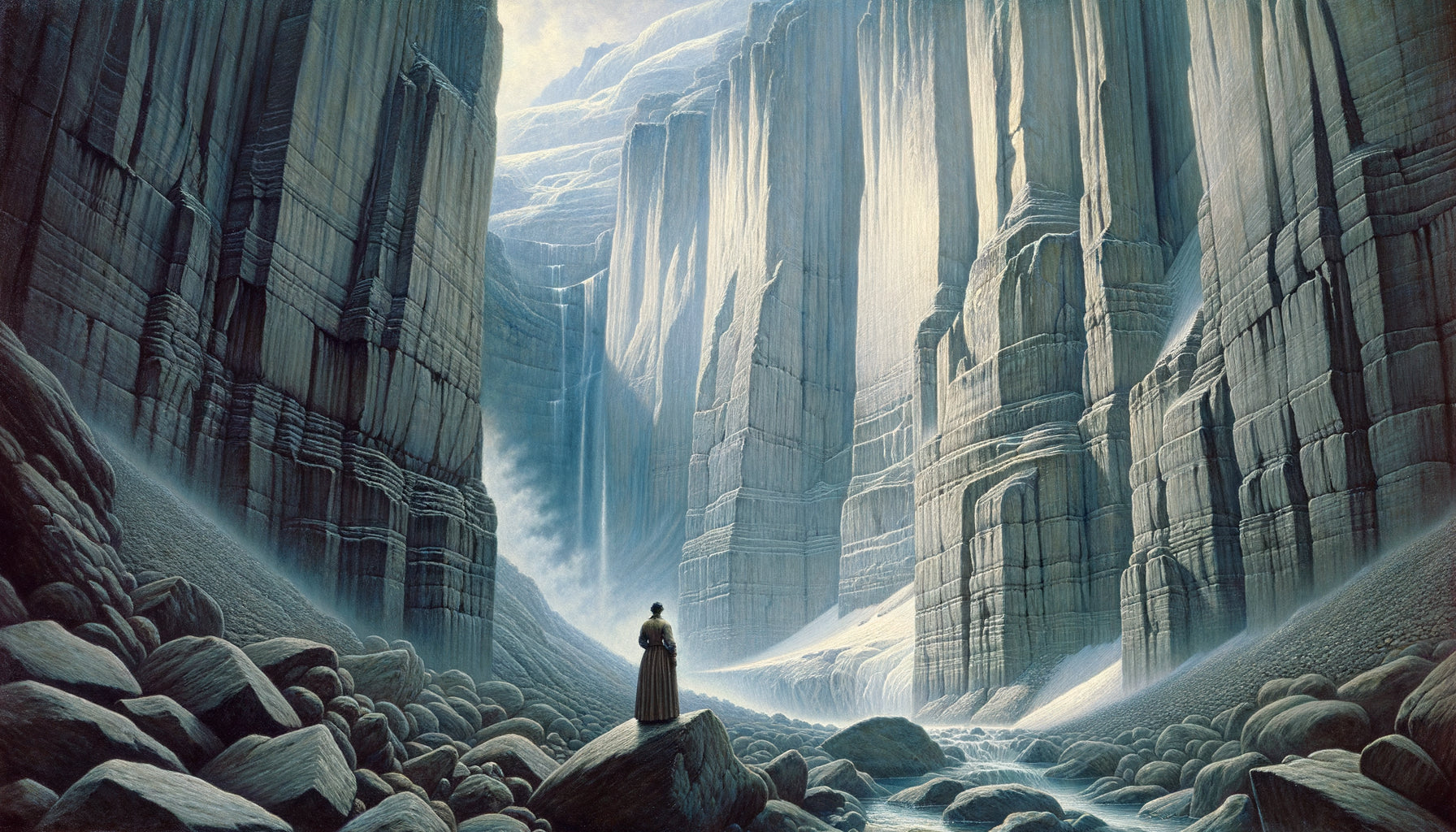 Peinture symboliste suisse du XIXe siècle représentant un cirque glaciaire alpin aux tons minéraux contemplatifs