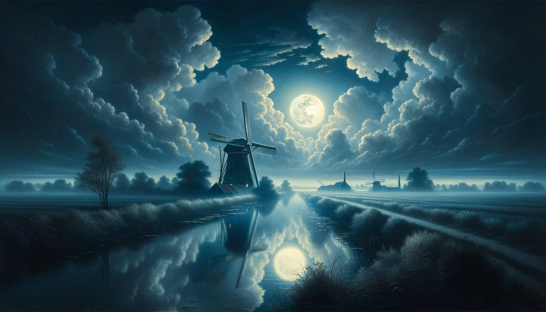 Paysage romantique néerlandais du XIXe siècle baigné de clair de lune, moulin et canal sous lumière argentée contemplative