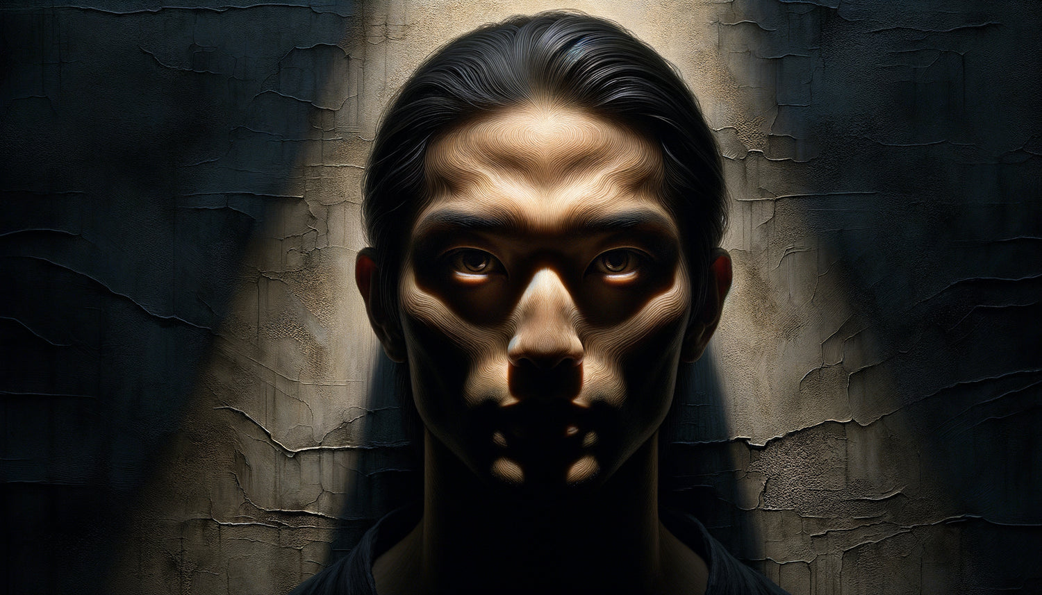 Technique de clair-obscur horrifique avec ratio 80/20, éclairage ascendant perturbant et ombres démesurées sur visage