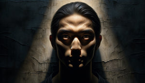 Technique de clair-obscur horrifique avec ratio 80/20, éclairage ascendant perturbant et ombres démesurées sur visage