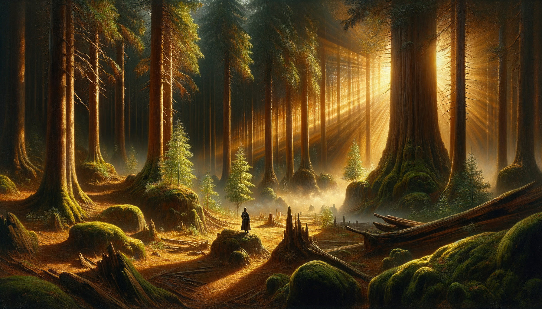 Peinture romantique du 19ème siècle représentant une clairière forestière sacrée baignée de lumière divine, figure contemplative solitaire