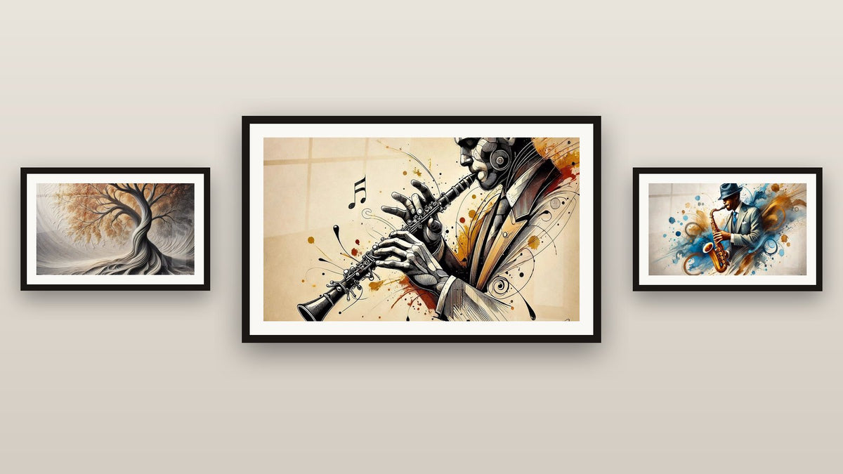 Mur de galerie avec trois tableaux encadrés : Jazz N°2, Clarinette N°1 et Souffle de la Terre