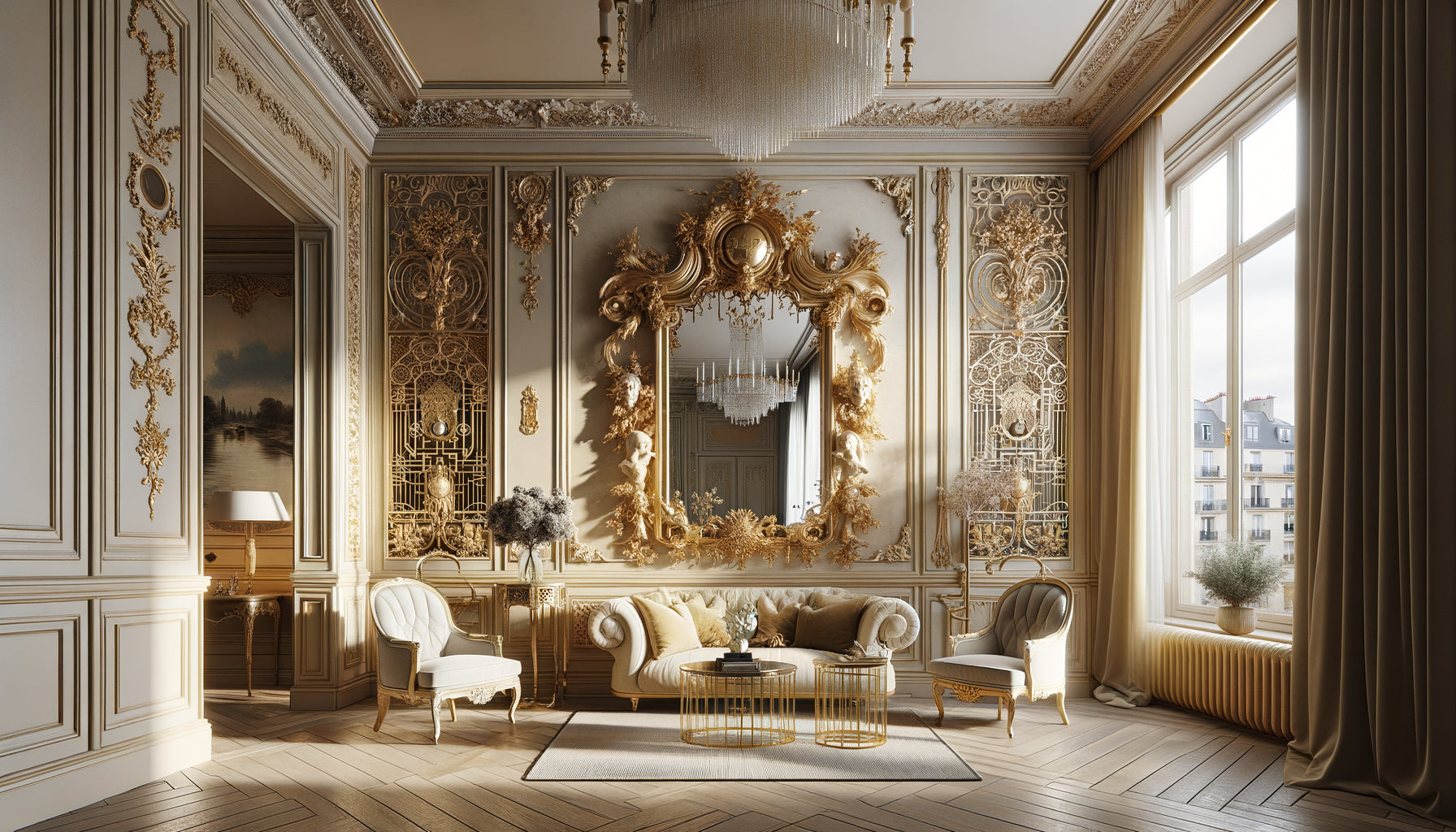 Intérieur appartement Coco Chanel rue Cambon avec miroir baroque doré contrastant mobilier minimaliste moderne années 1920-1950