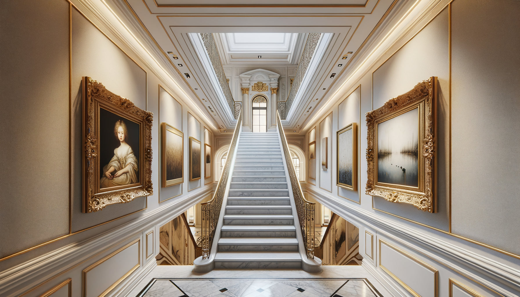 Escalier élégant reliant deux étages aux styles artistiques distincts, art classique en bas et contemporain en haut