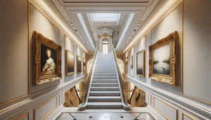 Escalier élégant reliant deux étages aux styles artistiques distincts, art classique en bas et contemporain en haut