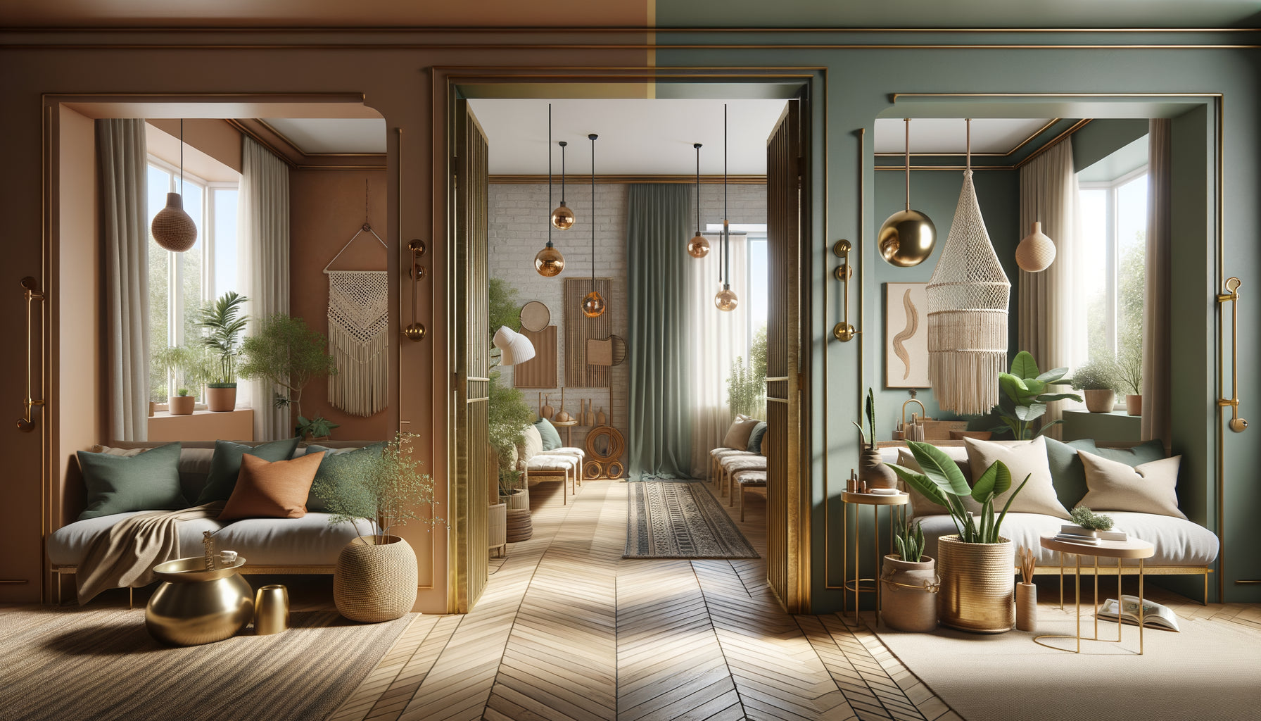 Transition visuelle harmonieuse entre deux pièces aux personnalités distinctes reliées par des couleurs et matières récurrentes