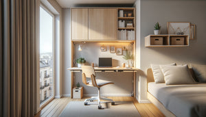 Coin bureau escamotable moderne dans petit Airbnb avec bureau mural rabattable et décoration minimaliste scandinave