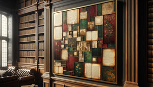 Collage mixte contemporain aux tons profonds exposé sur lambris anciens de bibliothèque traditionnelle avec livres anciens