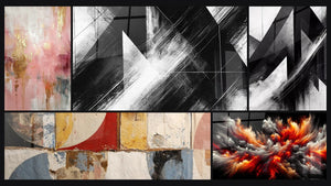 Mosaïque de cinq tableaux, dont Points de Convergence, Formes géométriques abstraites et Trajectoires Fracturées