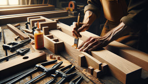 Application professionnelle de colle polyuréthane sur assemblage de bibliothèque en bois, atelier de menuiserie