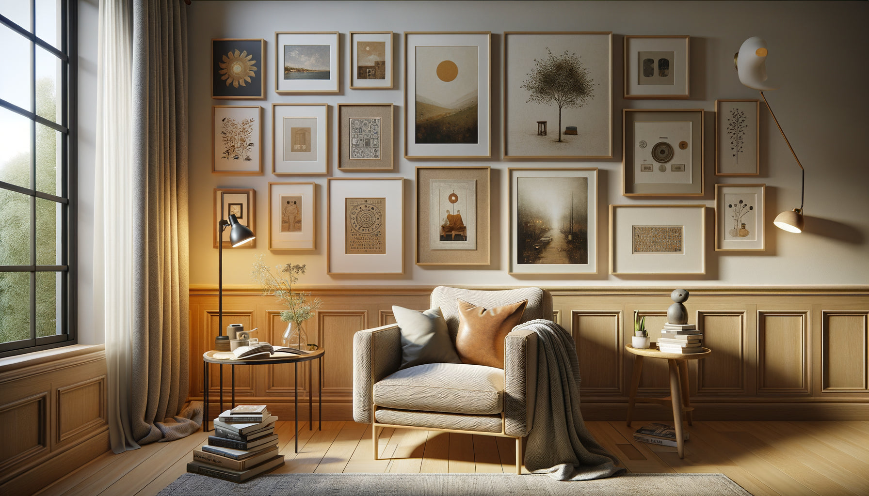 Coin lecture contemporain avec collection d'art accessible accrochée au mur, fauteuil confortable et livres
