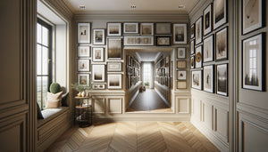 Couloir résidentiel transformé en galerie murale cohérente avec collection encadrée de multiples œuvres coordonnées