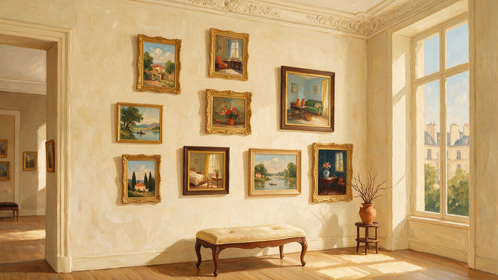 Une salle d'exposition claire avec plusieurs petits tableaux colorés accrochés aux murs et un banc vide au premier plan.