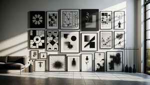 Collection éclectique d'œuvres en noir et blanc sur mur, styles variés unifiés par palette monochrome