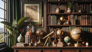 Collection éclectique de curiosités et objets décoratifs disposés progressivement autour d'une bibliothèque personnelle, esprit cabinet de curiosités