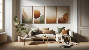 Mur de galerie contemporain montrant collection harmonieuse de tableaux avec palette cohérente tons terre et encadrements naturels