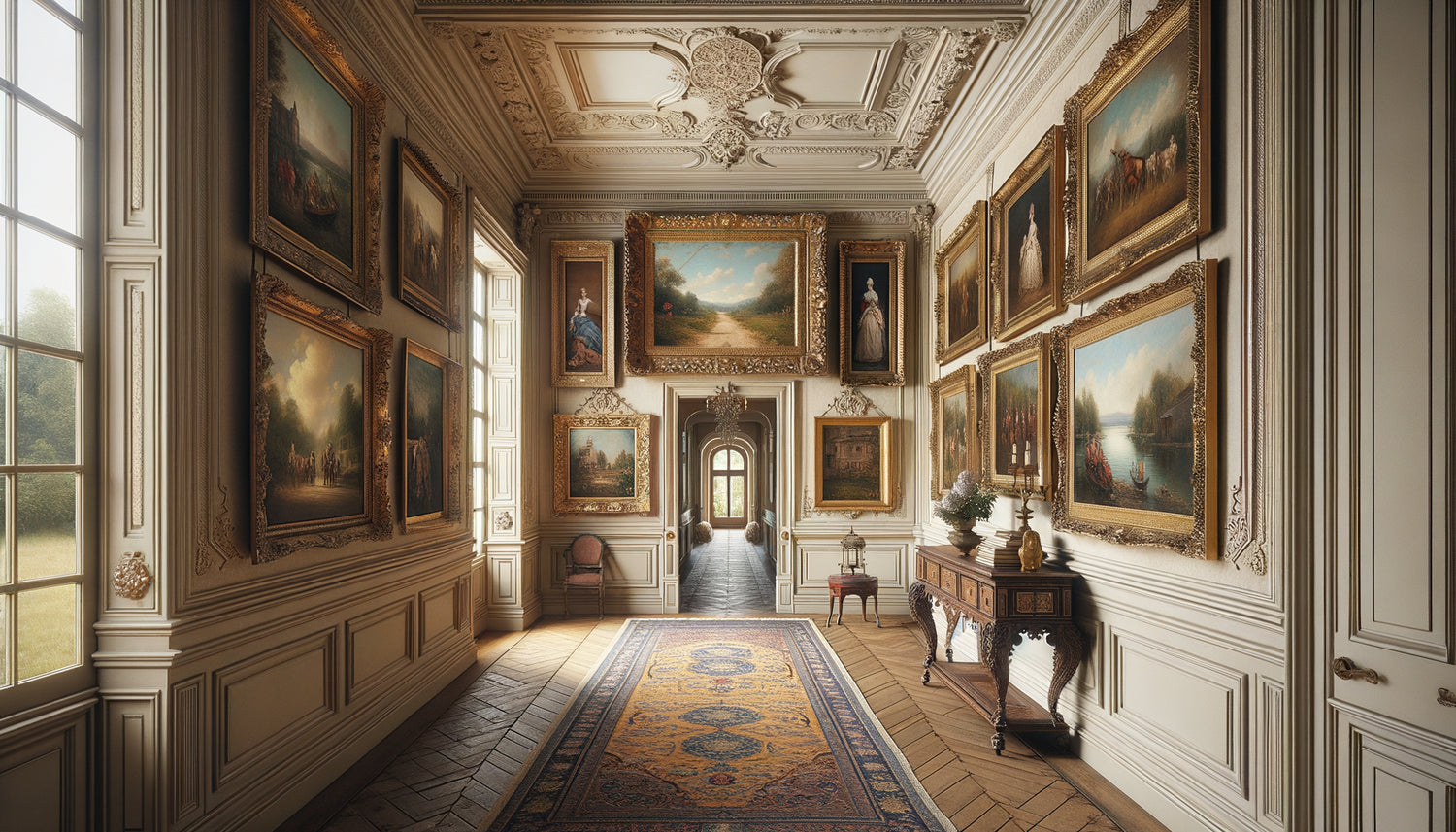 Collection harmonieuse de tableaux classiques dans couloir de maison de campagne française élégante