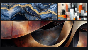 Mosaïque de trois tableaux : Marbre Liquide Éternité Bleu, Sinuosités Méditation Ocre et Mécanique des couleurs