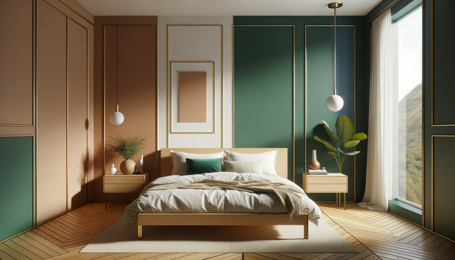Chambre Airbnb moderne avec color blocking sur les murs : blocs géométriques vert émeraude, terracotta et crème