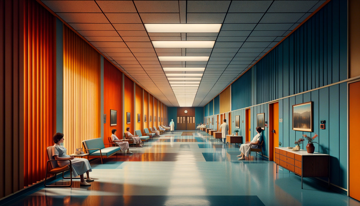Couloir d'hôpital américain années 1960 avec immenses panneaux muraux inspirés du mouvement Color Field, surfaces colorées thérapeutiques