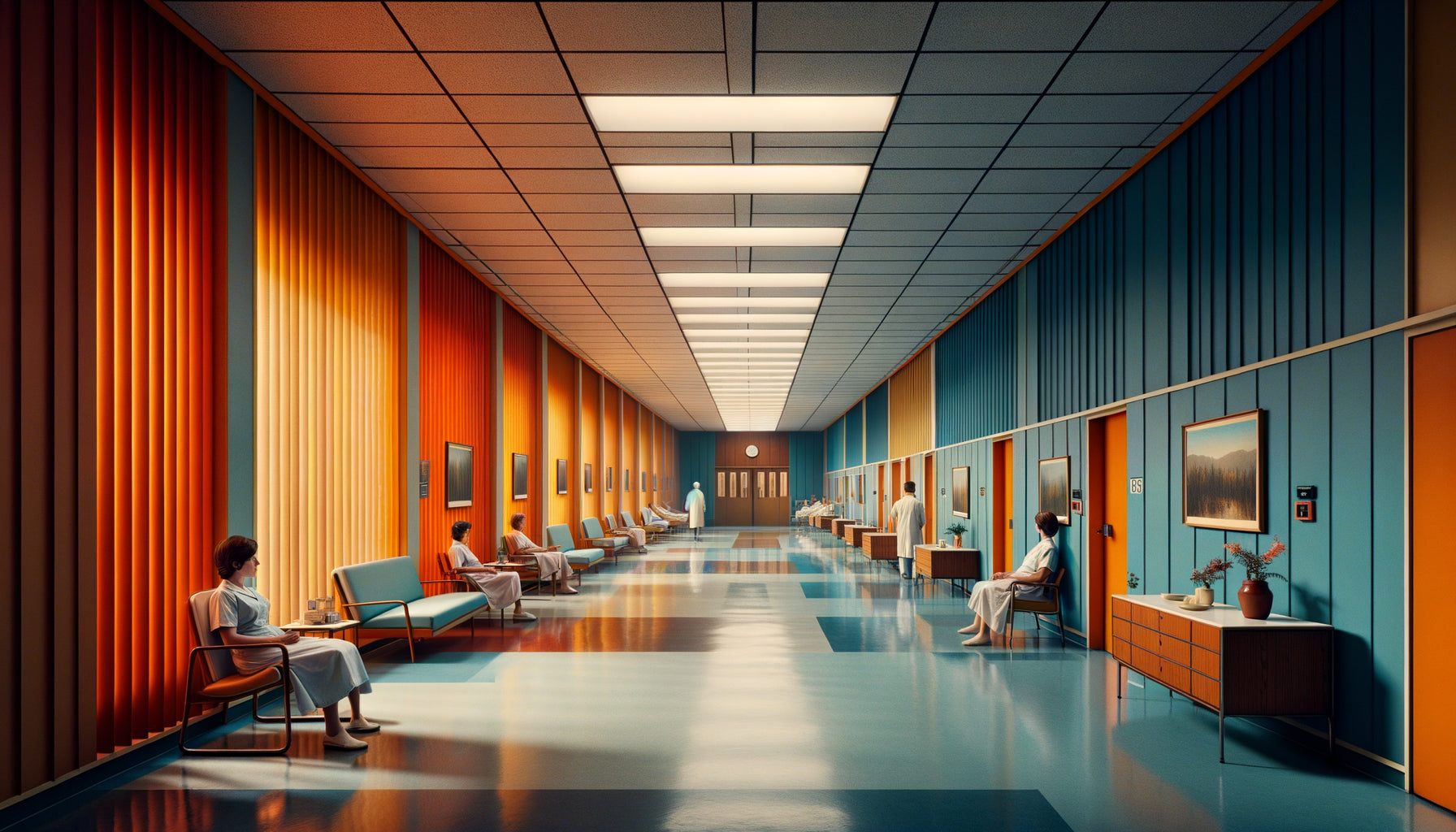 Couloir d'hôpital américain années 1960 avec immenses panneaux muraux inspirés du mouvement Color Field, surfaces colorées thérapeutiques