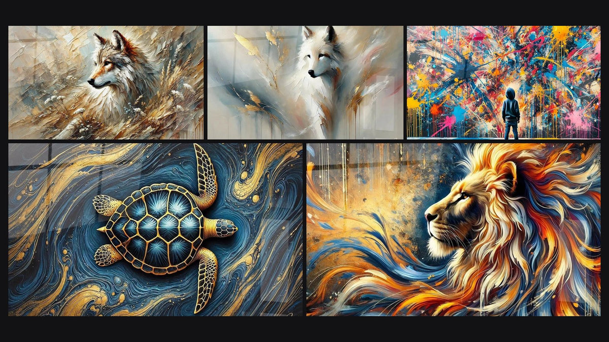 Mosaico di cinque quadri, tra cui Echo della Foresta, Bianca Saggezza e Guardiano degli Oceani