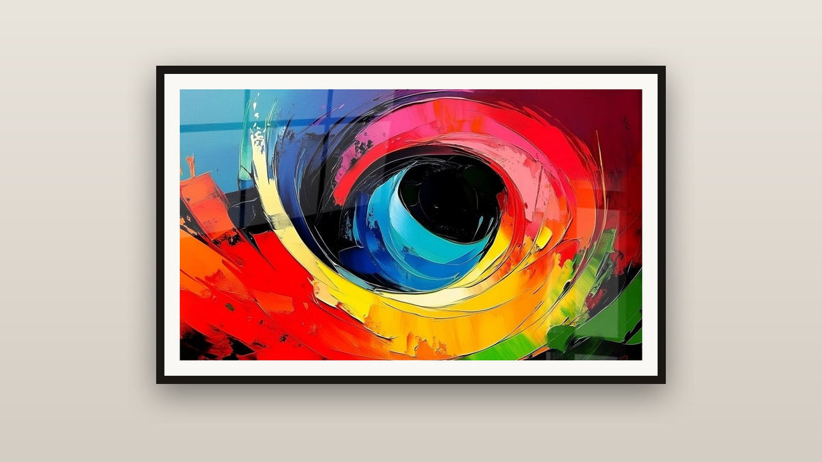 Tableau encadré sur un mur : Œil coloré abstrait