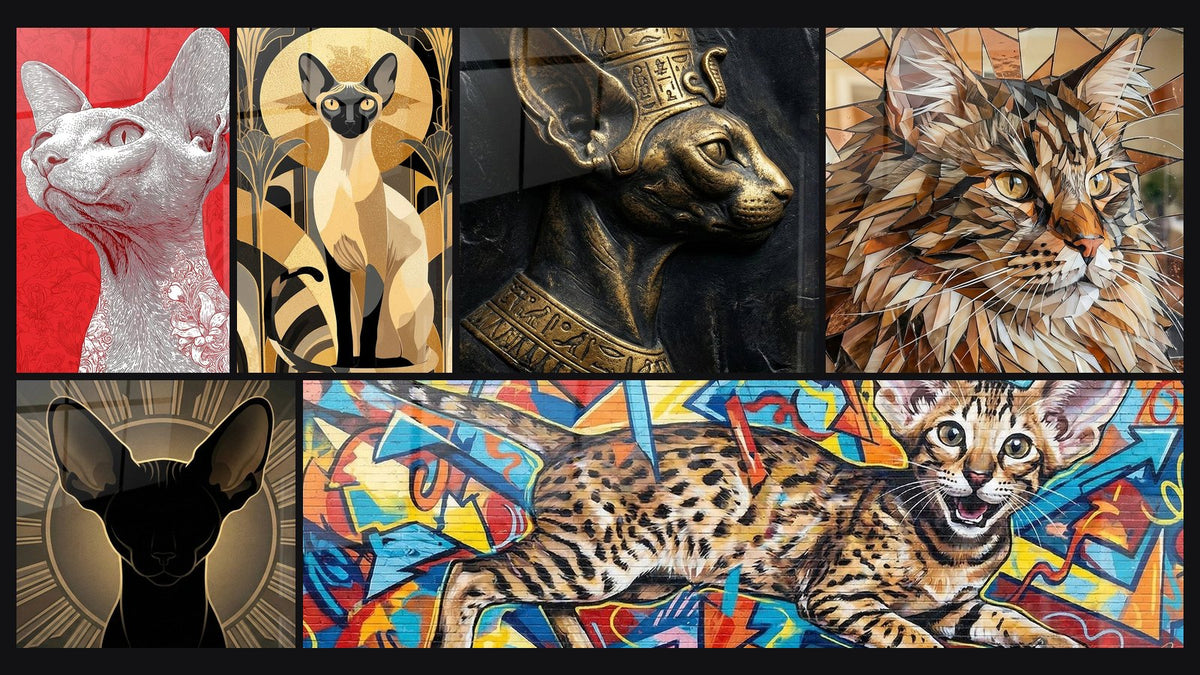 Mosaico de seis cuadros, entre ellos Gato Cornish Rex Retrato Artístico, Gato Siamés Art Deco y Gato Egipcio Bastet Dorado