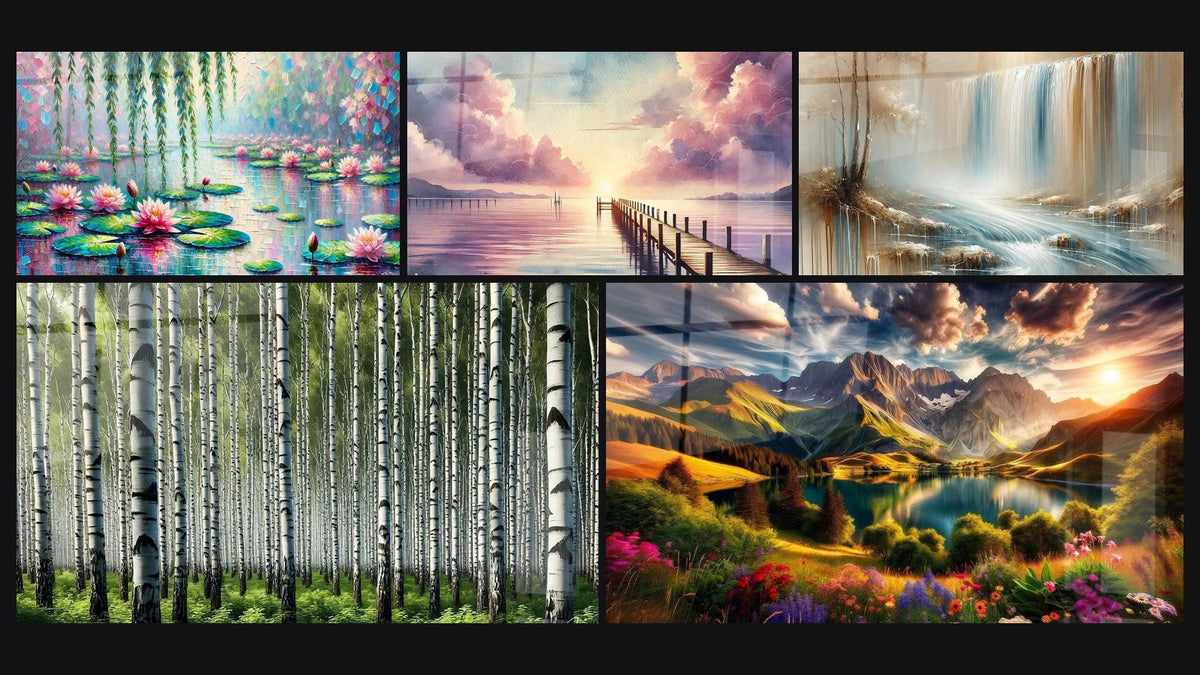 Mosaico de cinco cuadros, entre ellos Vista natural N°1, Hacia el Horizonte y Pared de Tronco