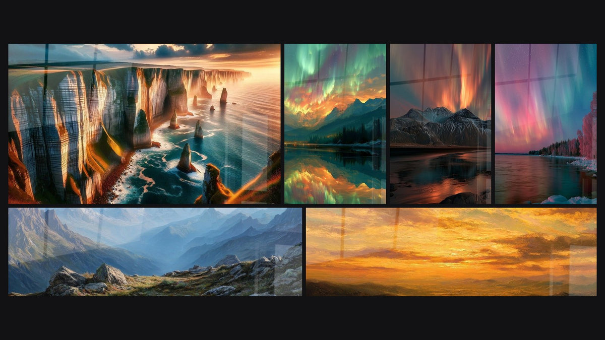 Mosaic of six paintings, including Mountain landscape and Sunset Landscape