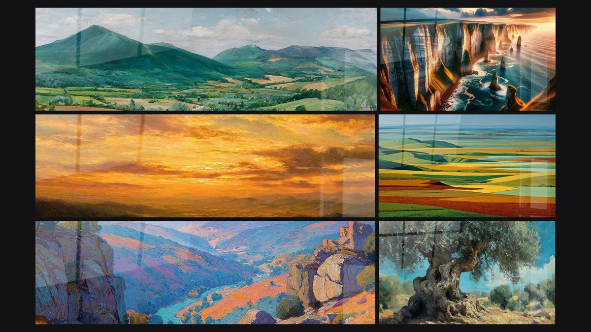 Mosaïque de six tableaux, dont Paysage montagneux, Horizon Infini sur les Falaises et Paysage coucher de soleil