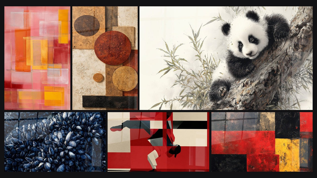 Mosaïque de six tableaux, dont Panda accroché à une branche brune et Composition géométrique rectangles colorés