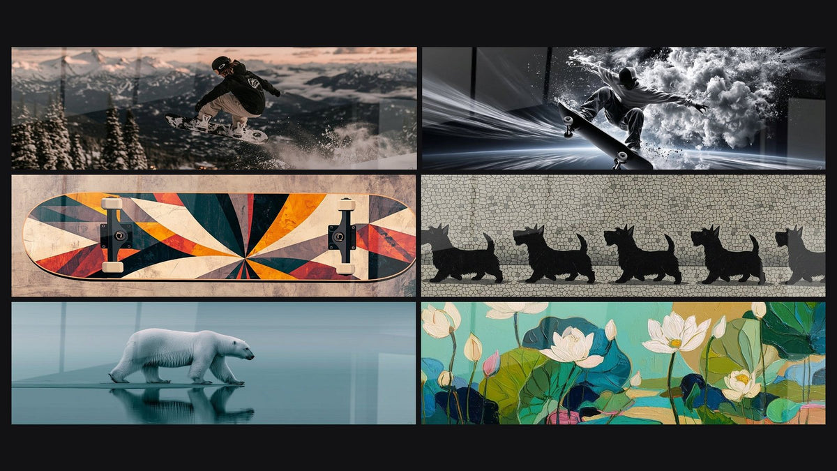 Mosaïque de six tableaux, dont Snowboardeur noir en saut panoramique et Skateur gris et blanc explosant de fumée