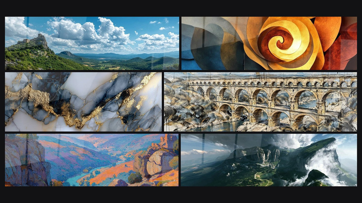 Mosaik aus sechs Gemälden, darunter Schloss in Bergtal und Farbiges Canyon-Tal