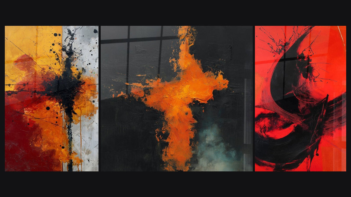 Mosaïque de trois tableaux, dont Explosion Orange sur Fond Noir