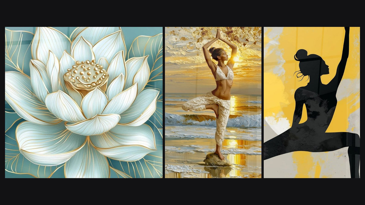 Mosaic of three paintings: Lotus Inner Peace, Woman in White Outfit on Golden Rock and Black Silhouette with Yellow Splashes
