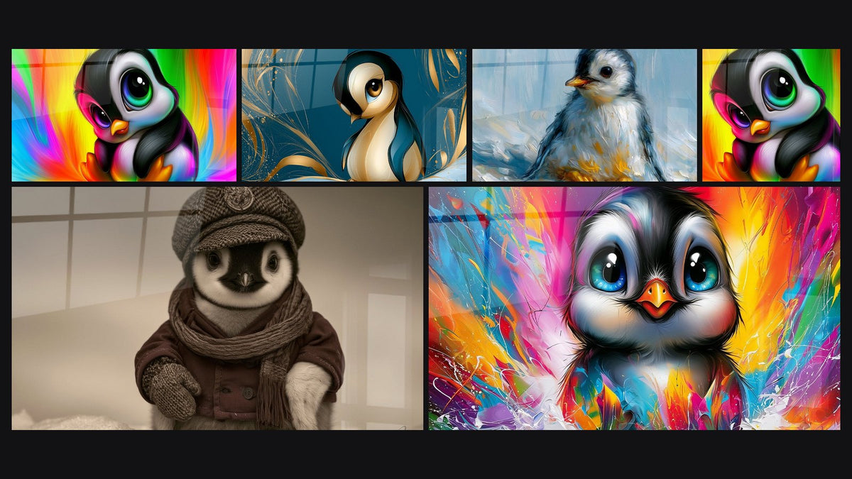 Mosaico di sei quadri, tra cui Di Pinguino Bebè dagli Occhi Blu Brillanti