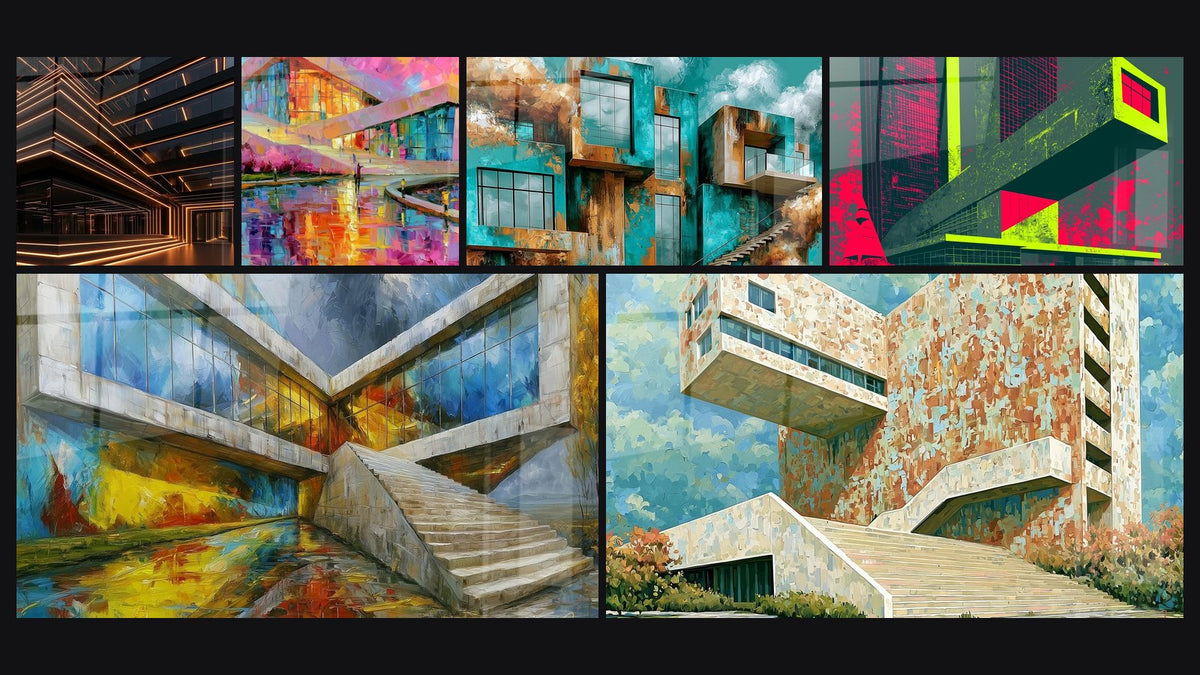 Mosaico di sei quadri, tra cui Edificio nero con linee ambrate