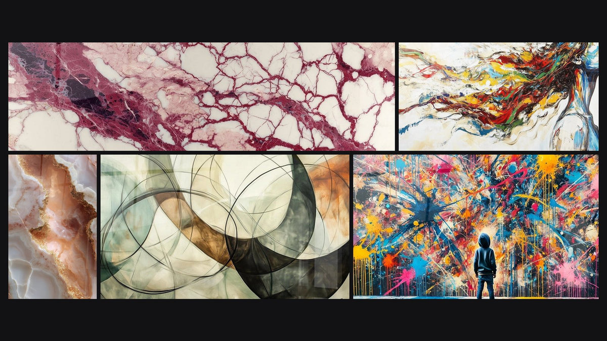 Mosaico di cinque quadri, tra cui Venature porpora e crema su fondo ecru, Muse Moderna e I Legami Invisibili