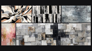Mozaïek van vijf schilderijen, waaronder Grafische Trillingen en Abstract zilverkleurig grijs textuur