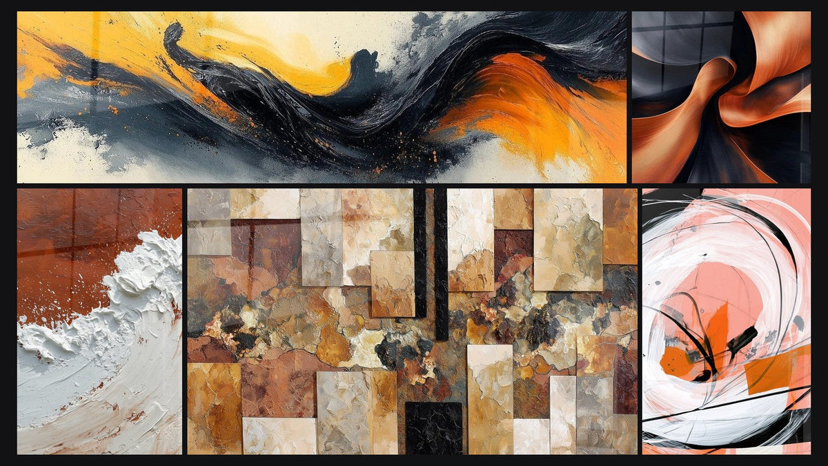 Mosaico di cinque quadri, tra cui Sinfonia Contrastata Nero e Astratto Terra e Bianco con Spessa Materia