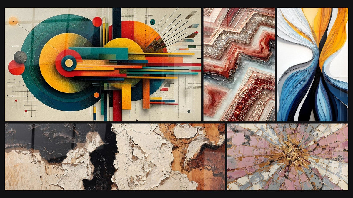 Mosaic of five paintings, including Geometric Concentric Energy, Geometric Fusion and Dynamic Colored Flows