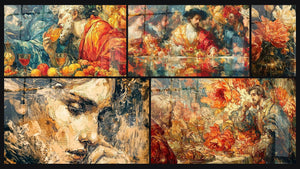 Mosaico de cinco cuadros, entre ellos Filósofo Néctar Divino, Banquete Festín Opulento y Retrato Sfumato Misterioso