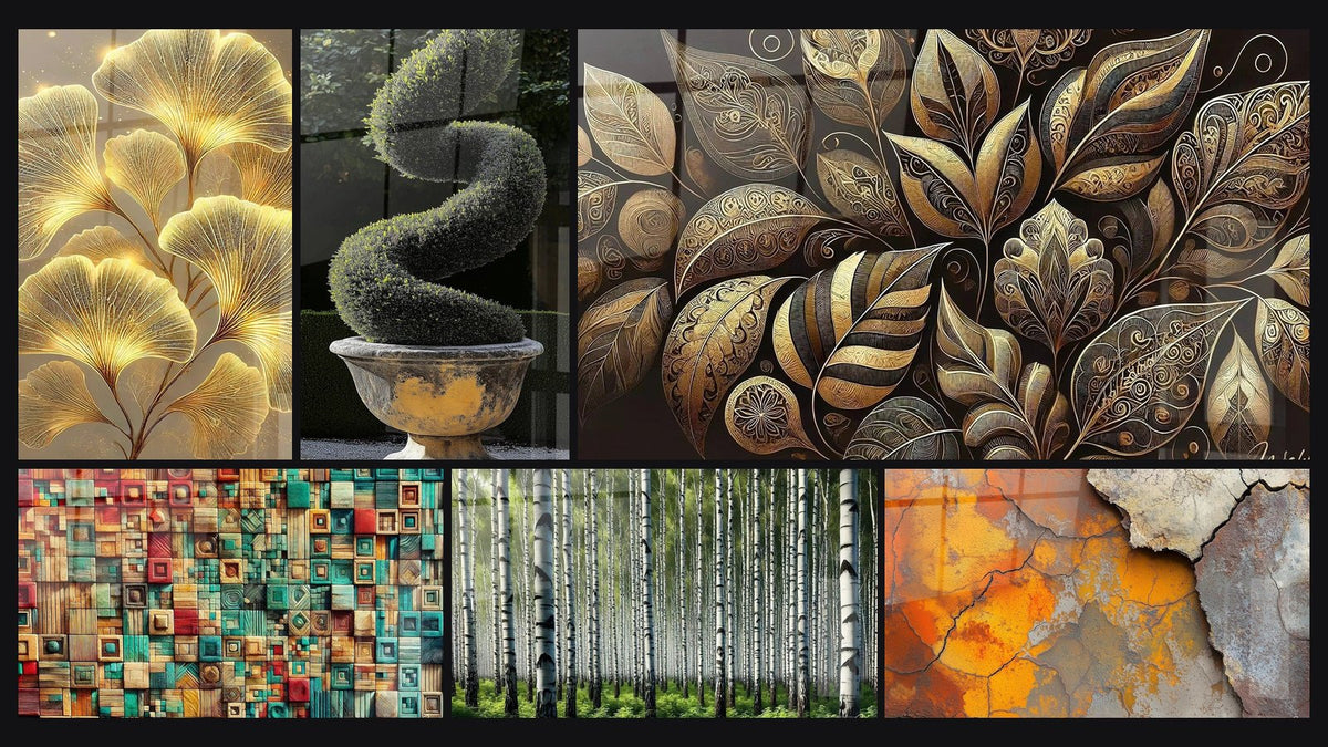Mosaïque de six tableaux, dont Brillance Naturelle, Buis N°1 et Feuillage Luxueux