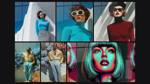 Mosaic of six paintings, including Woman in Turquoise Sweater and Plaid Skirt and Woman Black Beret Striped Sweater Red