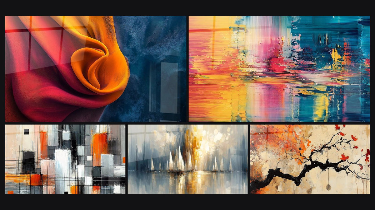 Mosaic of five paintings, including Abstract colored reflections, Mechanics of Colors and Dawn Over the Bay