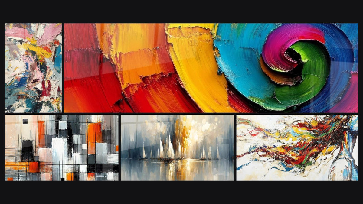 Mosaik aus fünf Gemälden, darunter Spiraltafel mehrfarbig bunt, Farbmechanik und Morgenrot über der Bucht